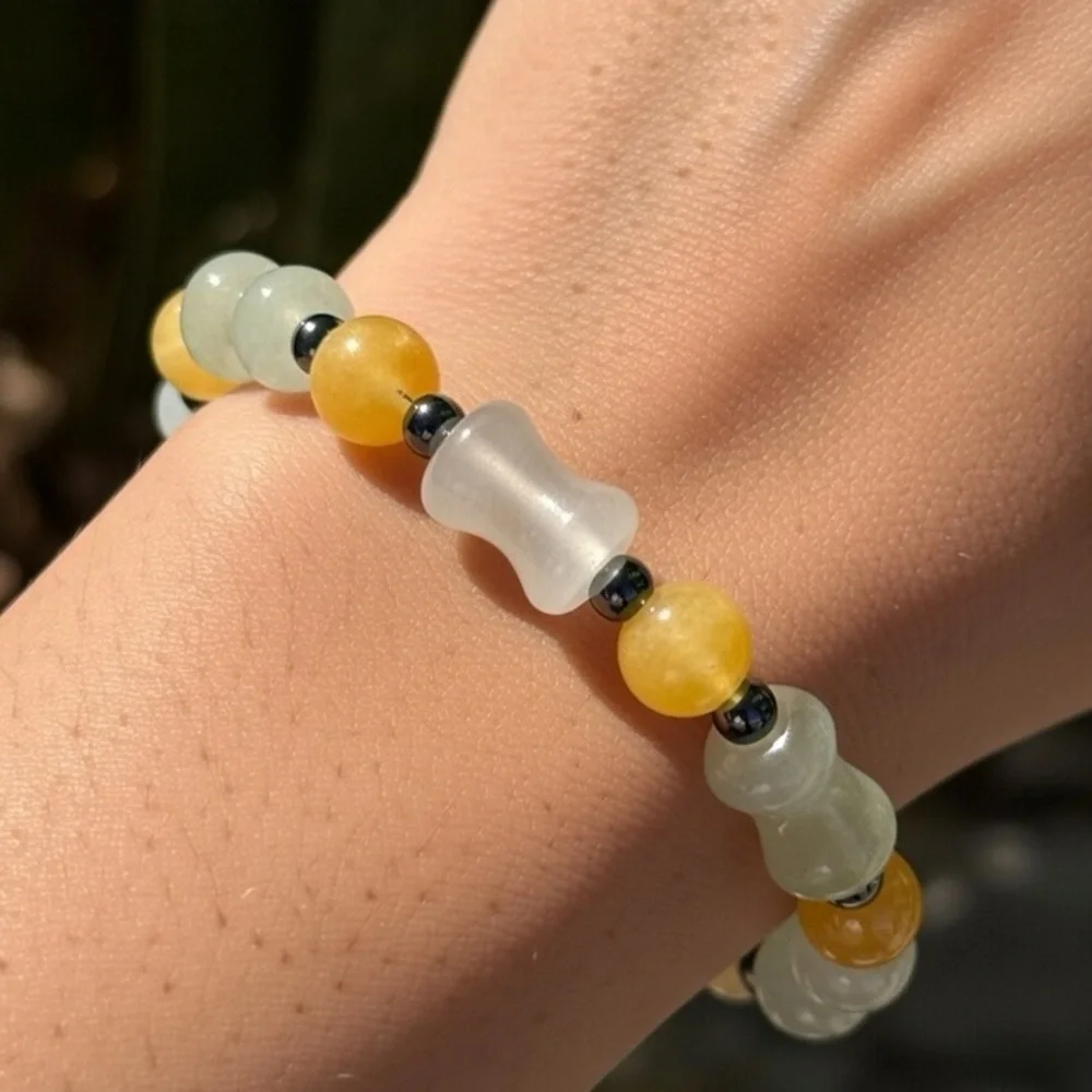 Handmade Beaded Bracelet Bamboo Round Yellow Jade Hematite Stone Stretch 7